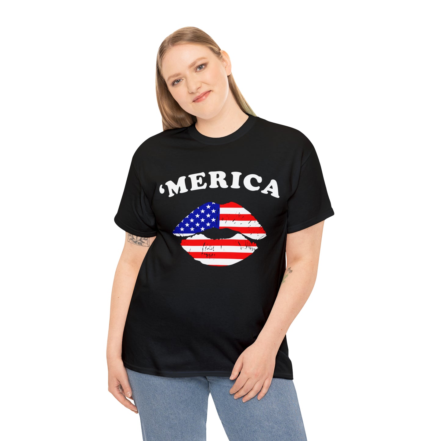 America 'Merica Flag Lips Unisex Heavy Cotton Tee