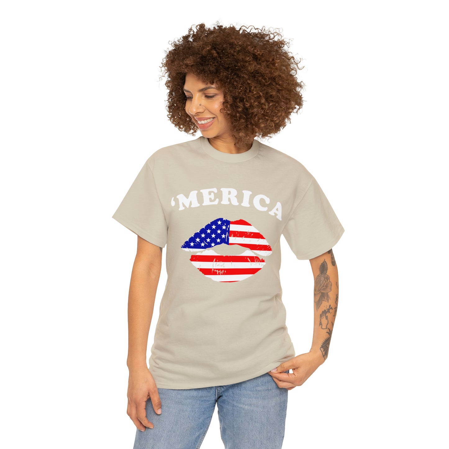 America 'Merica Flag Lips Unisex Heavy Cotton Tee