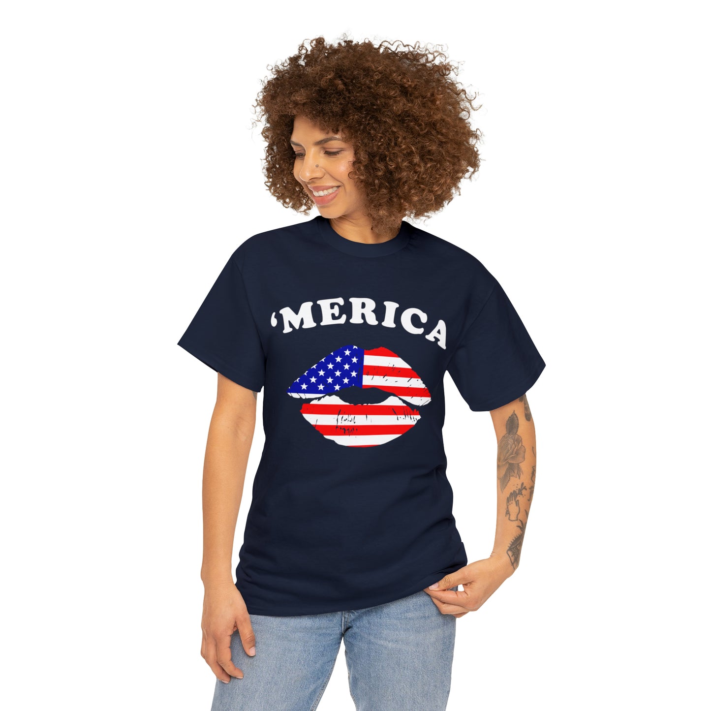 America 'Merica Flag Lips Unisex Heavy Cotton Tee
