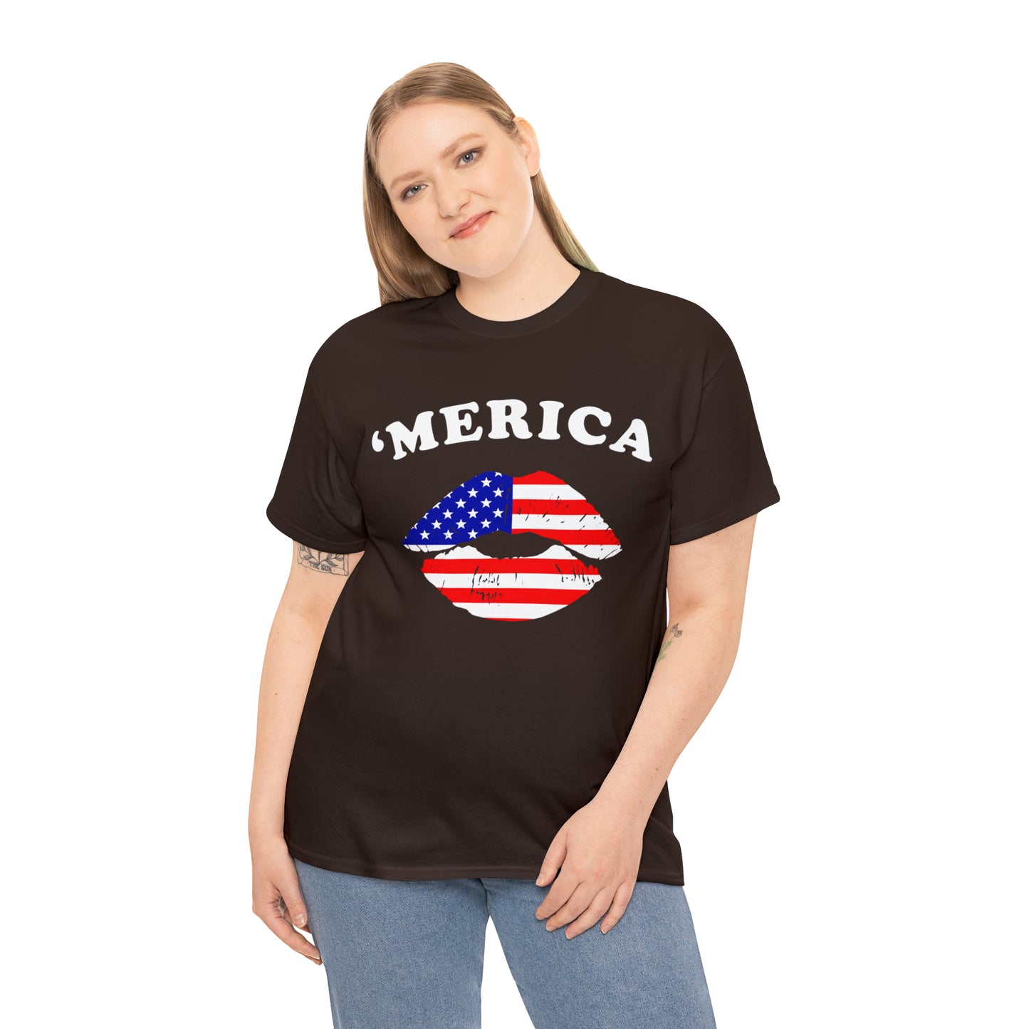 America 'Merica Flag Lips Unisex Heavy Cotton Tee