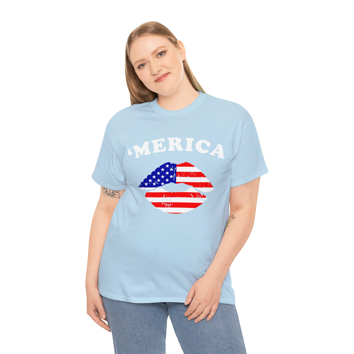 America 'Merica Flag Lips Unisex Heavy Cotton Tee