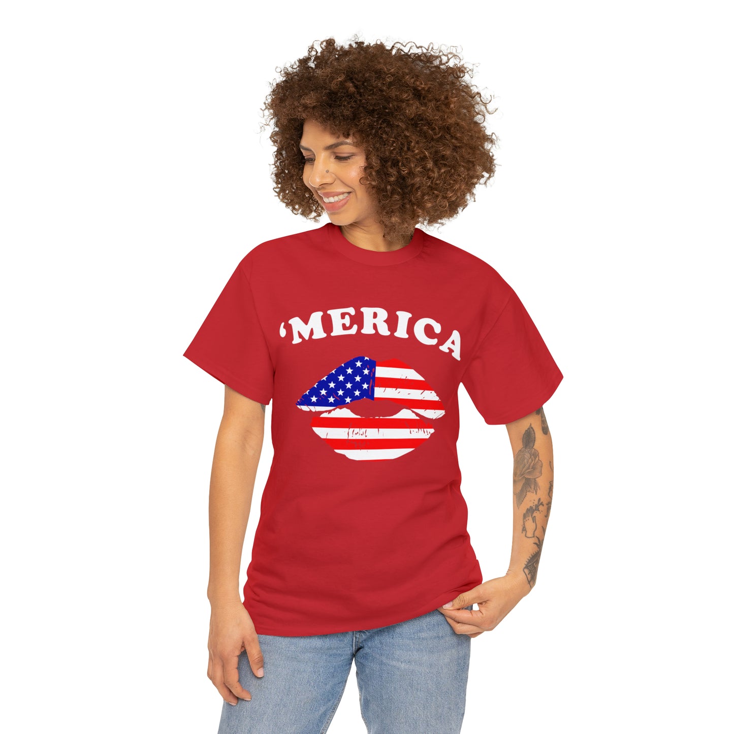 America 'Merica Flag Lips Unisex Heavy Cotton Tee