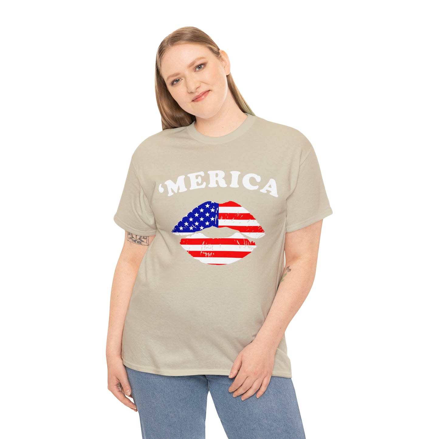America 'Merica Flag Lips Unisex Heavy Cotton Tee