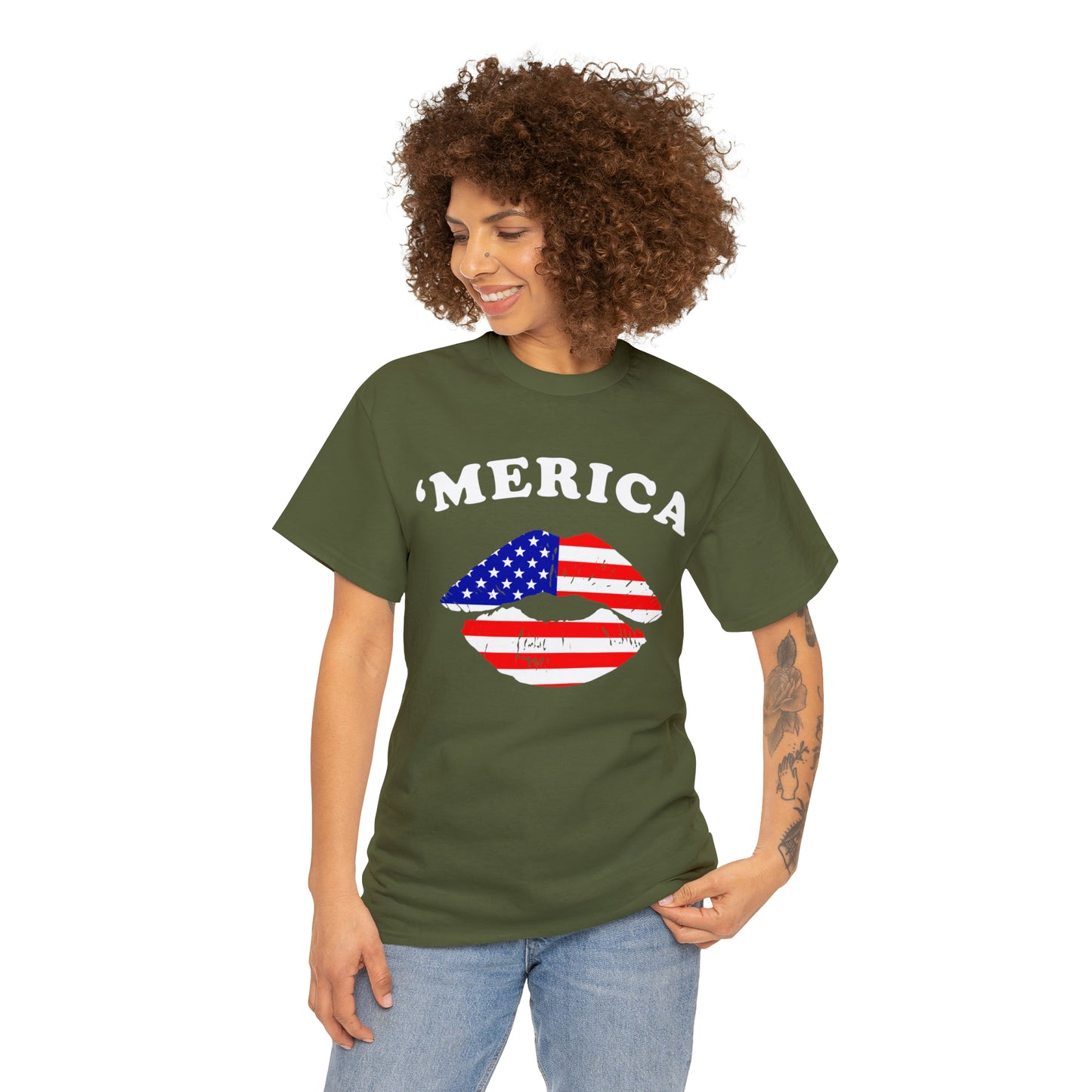 America 'Merica Flag Lips Unisex Heavy Cotton Tee
