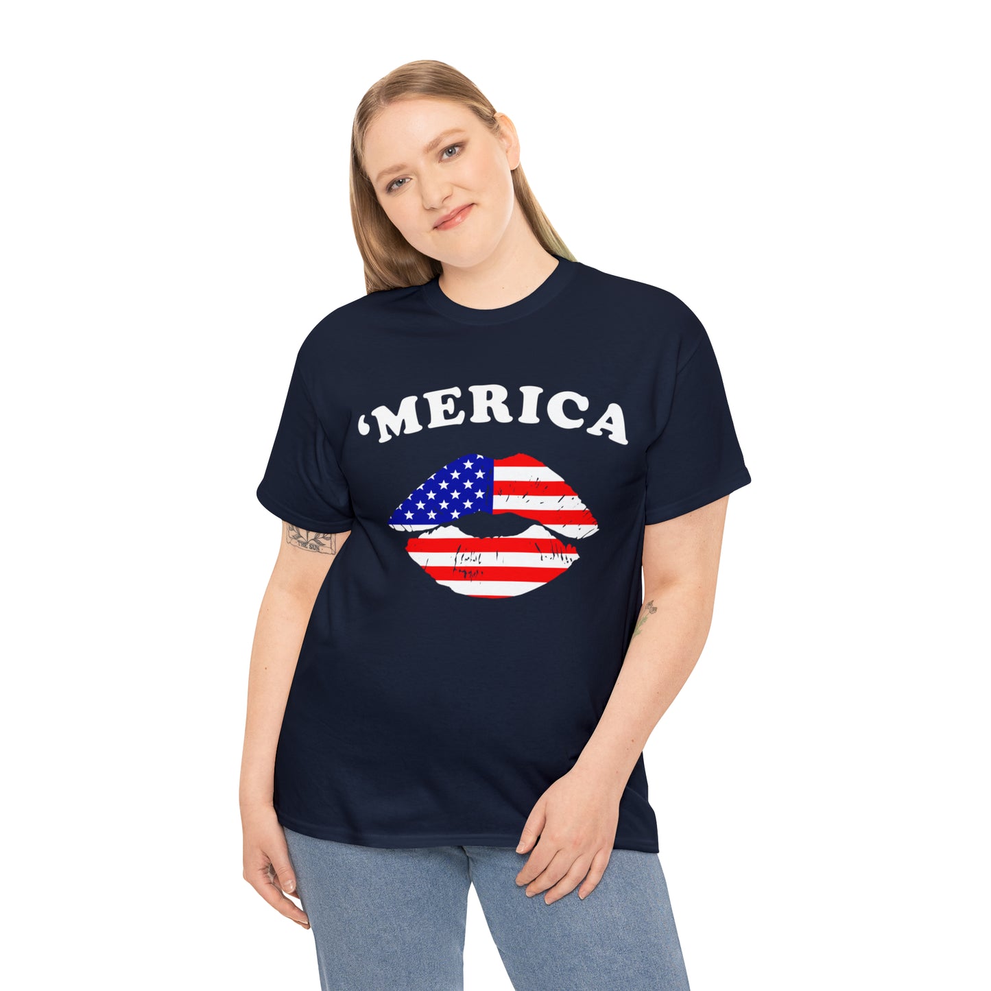America 'Merica Flag Lips Unisex Heavy Cotton Tee