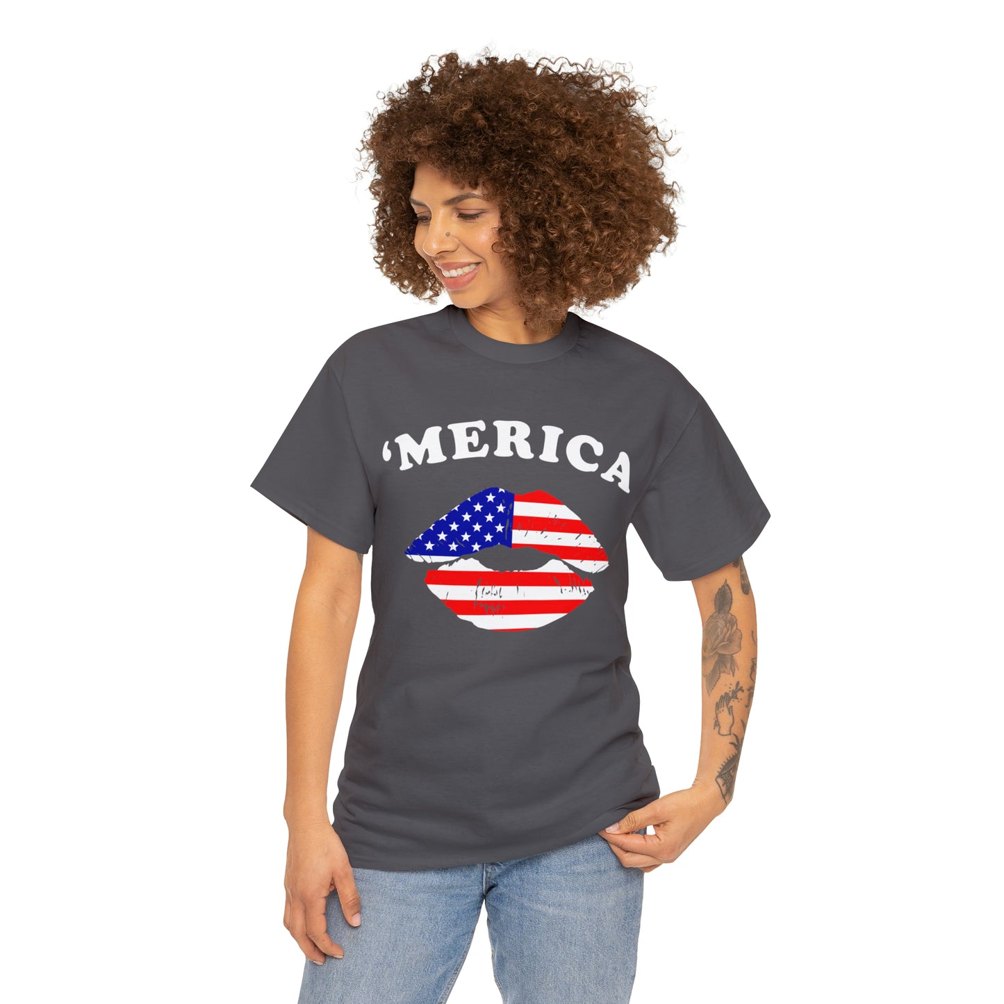 America 'Merica Flag Lips Unisex Heavy Cotton Tee