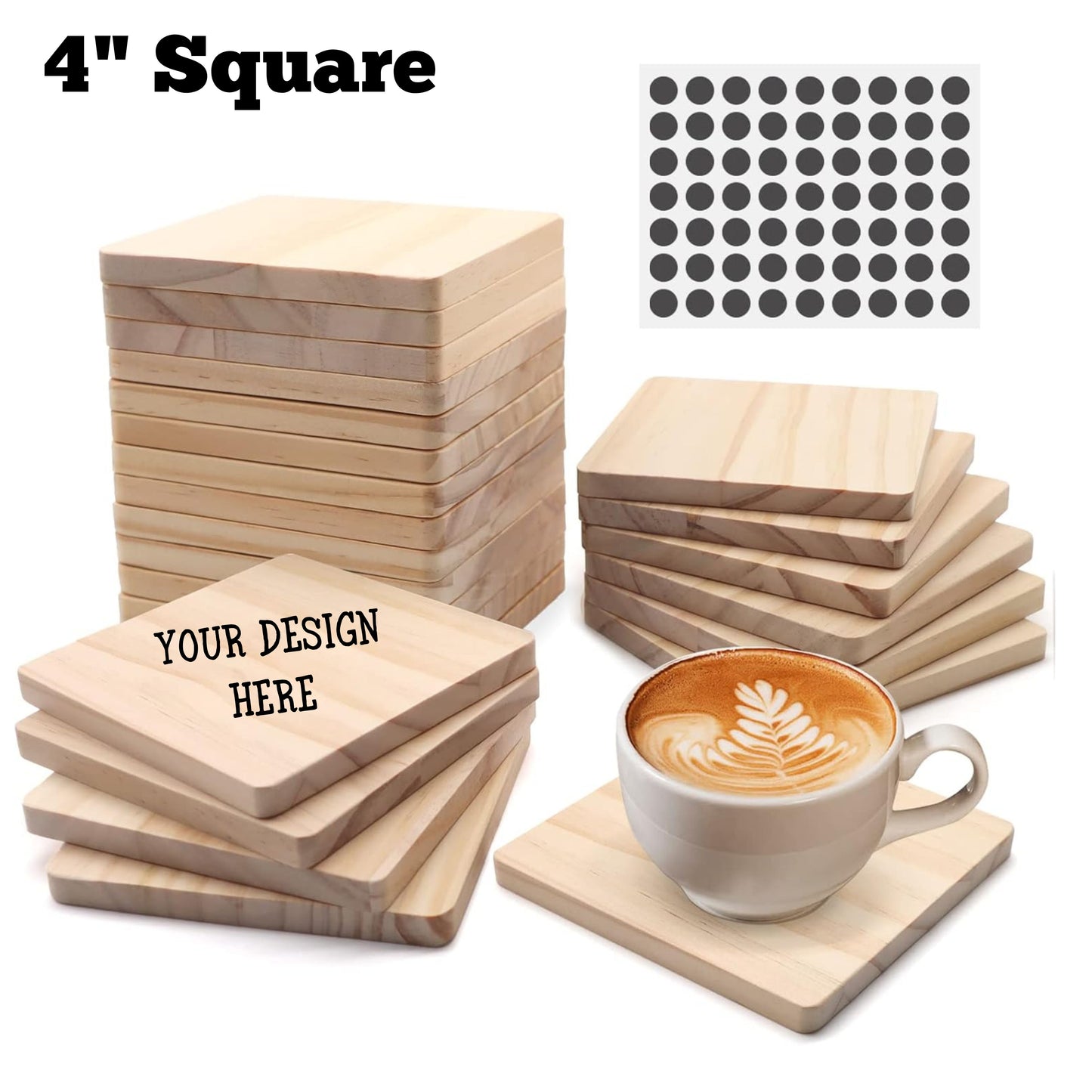 Custom Laser Engraved Coaster, 4" round, 4" square unfinished wood coasters