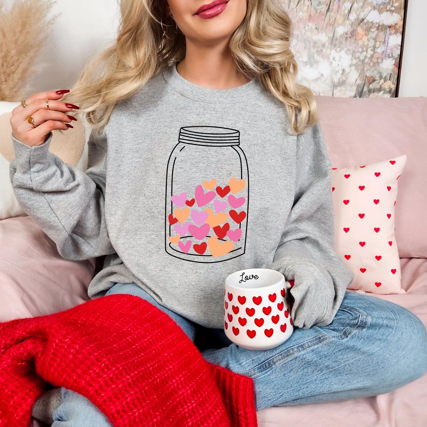 Mason Jar Hearts Valentines Day Sweatshirt, Valentine Shirts for women and girls, Valentines Day Gifts for Mom