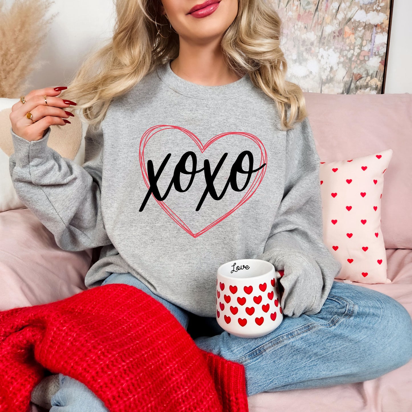XOXO Heart Valentines Day Sweatshirt, Valentine Shirts for women and girls, Valentines Day Gifts for Mom