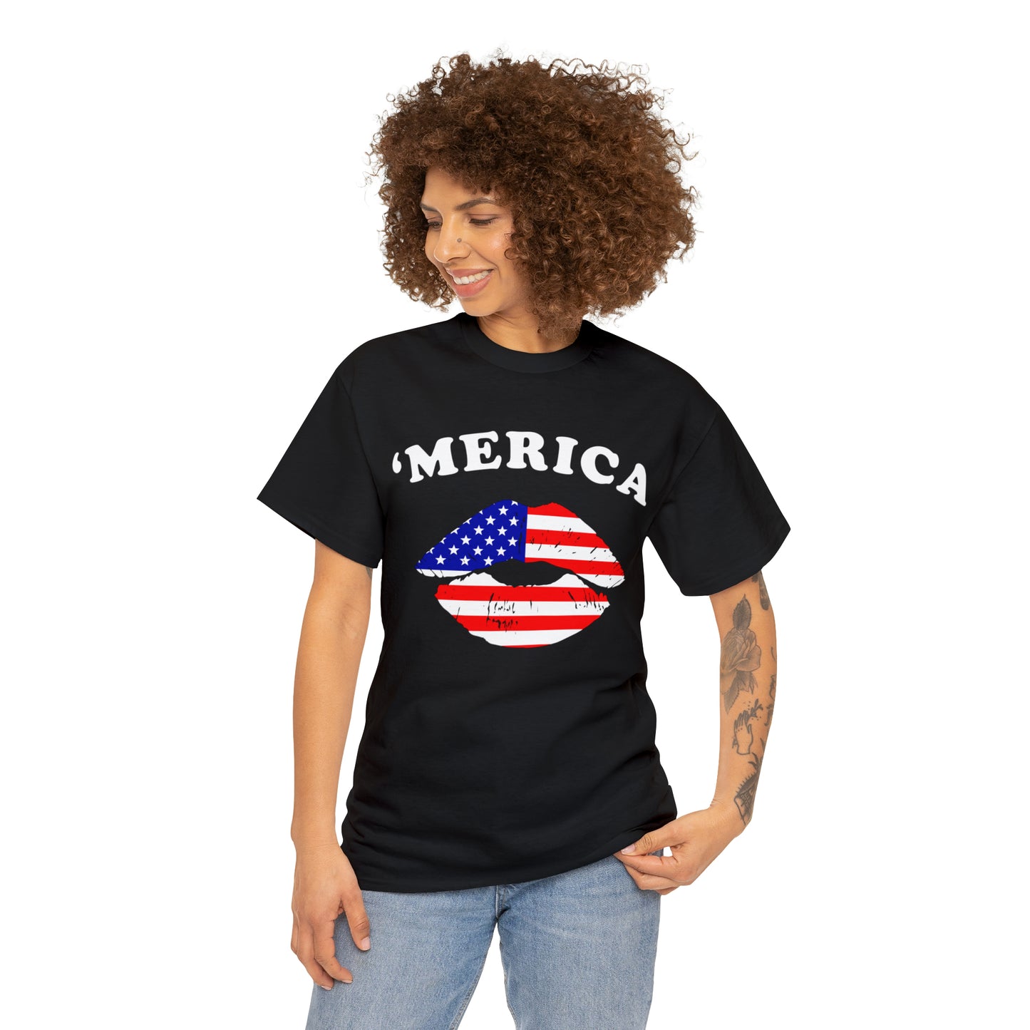 America 'Merica Flag Lips Unisex Heavy Cotton Tee
