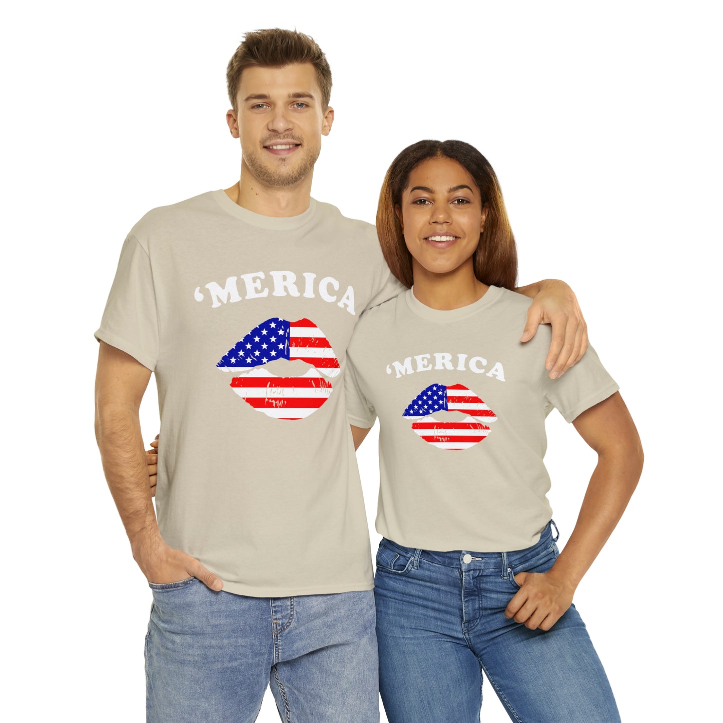 America 'Merica Flag Lips Unisex Heavy Cotton Tee