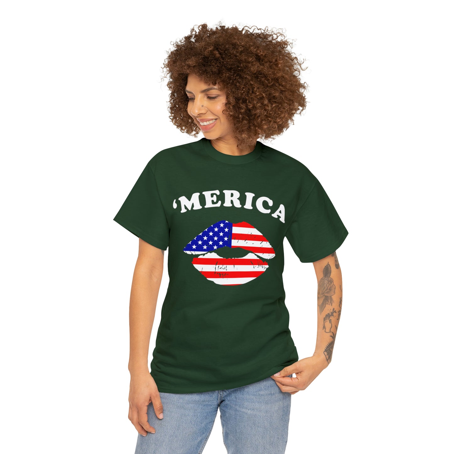 America 'Merica Flag Lips Unisex Heavy Cotton Tee