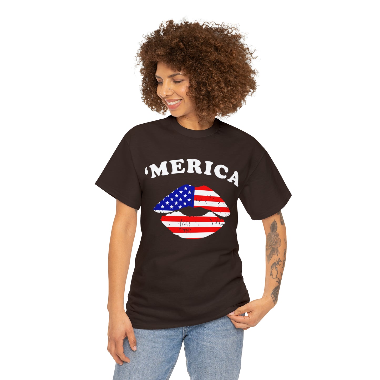 America 'Merica Flag Lips Unisex Heavy Cotton Tee