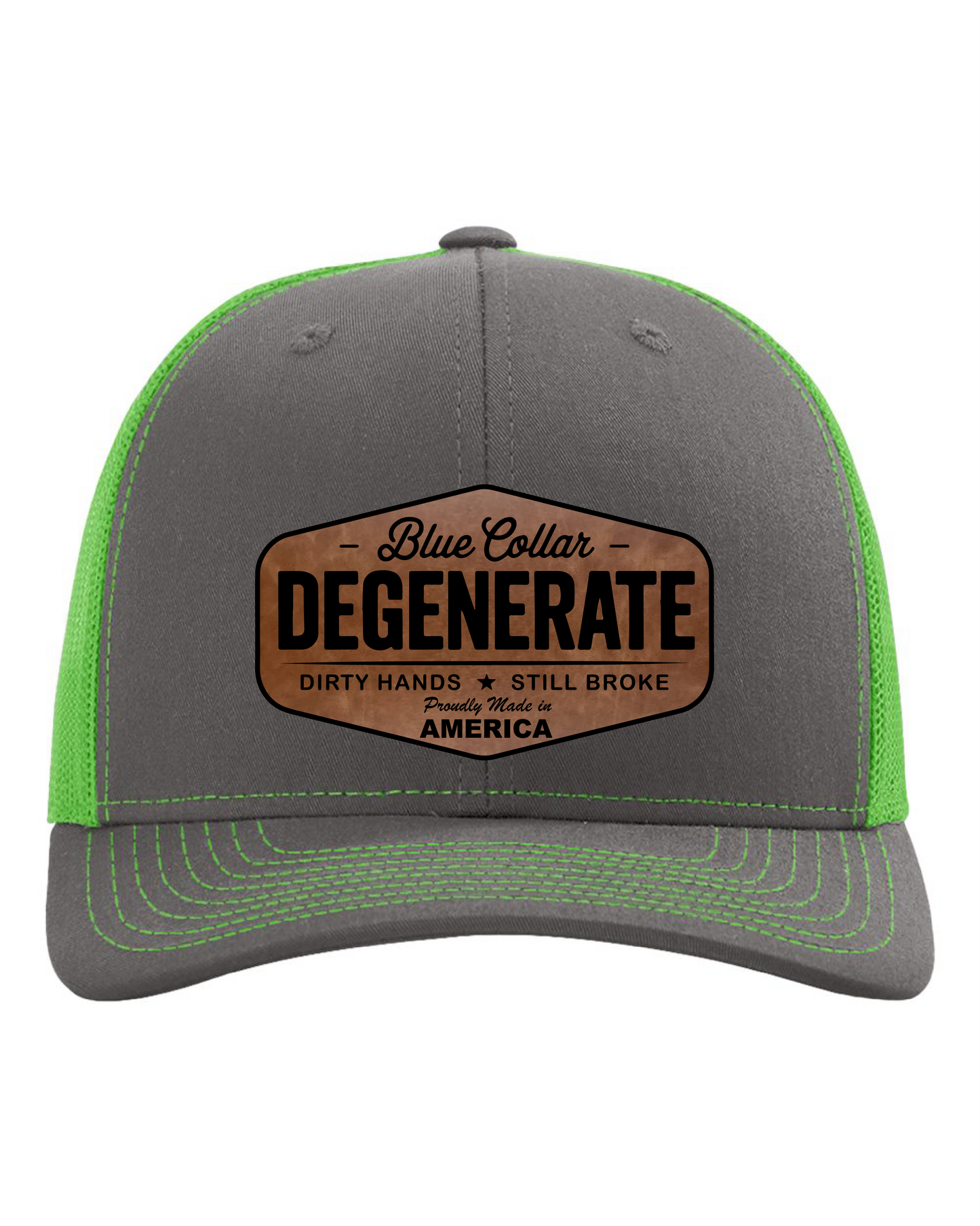Richardson Blue Collar Degenerate Hat 112 Flat Bill Classic Snapback Closure Laser Engraved Leatherette Patch 60/40 Cotton Polyester