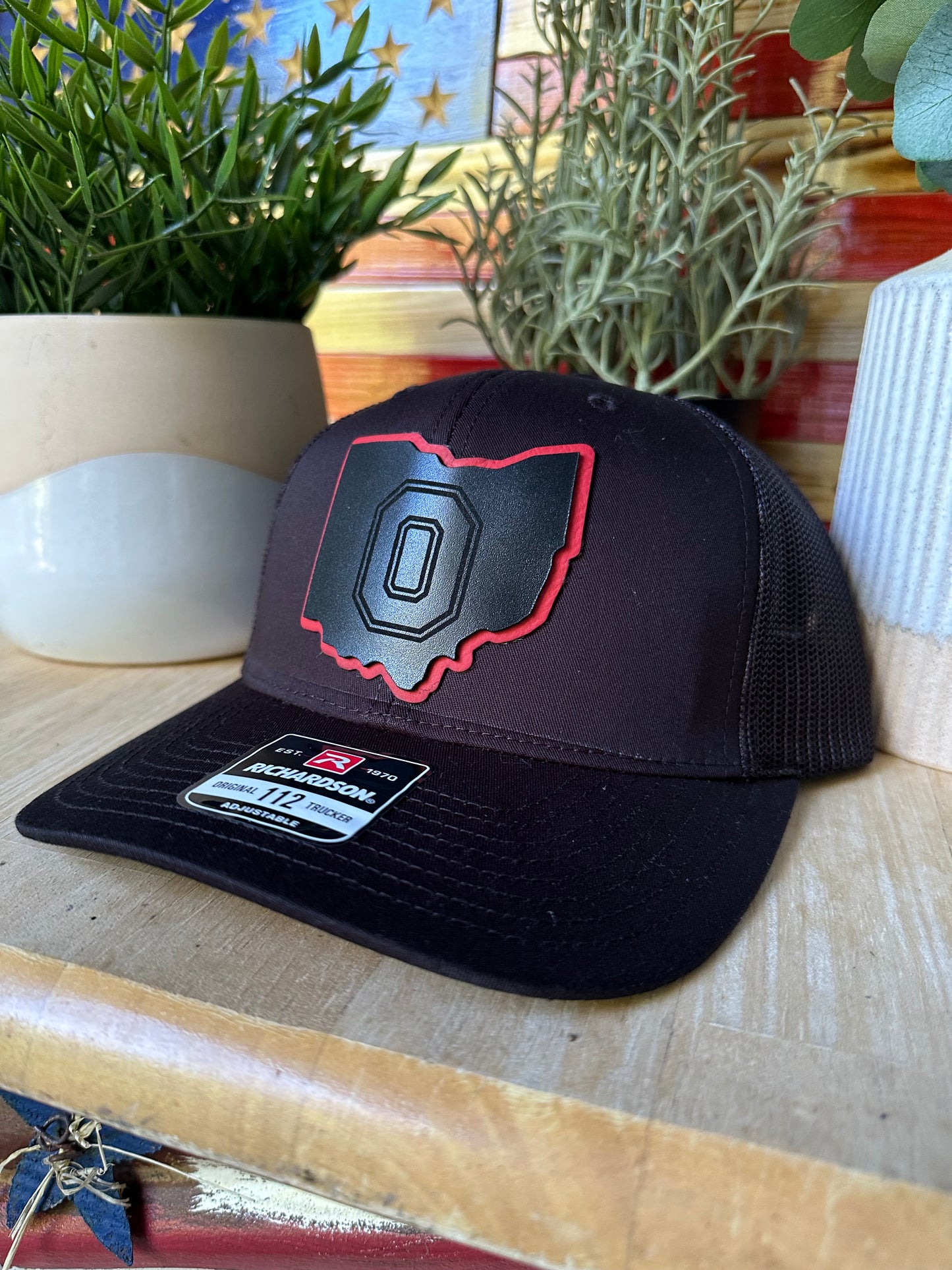Ohio BUCKEYES Leather Patch Cap, Scarlet and Gray, Richardson 112, Richardson Hat, Ohio Hat, Ohio Dad Hat, Cap, Leather Richardson Hat 112,