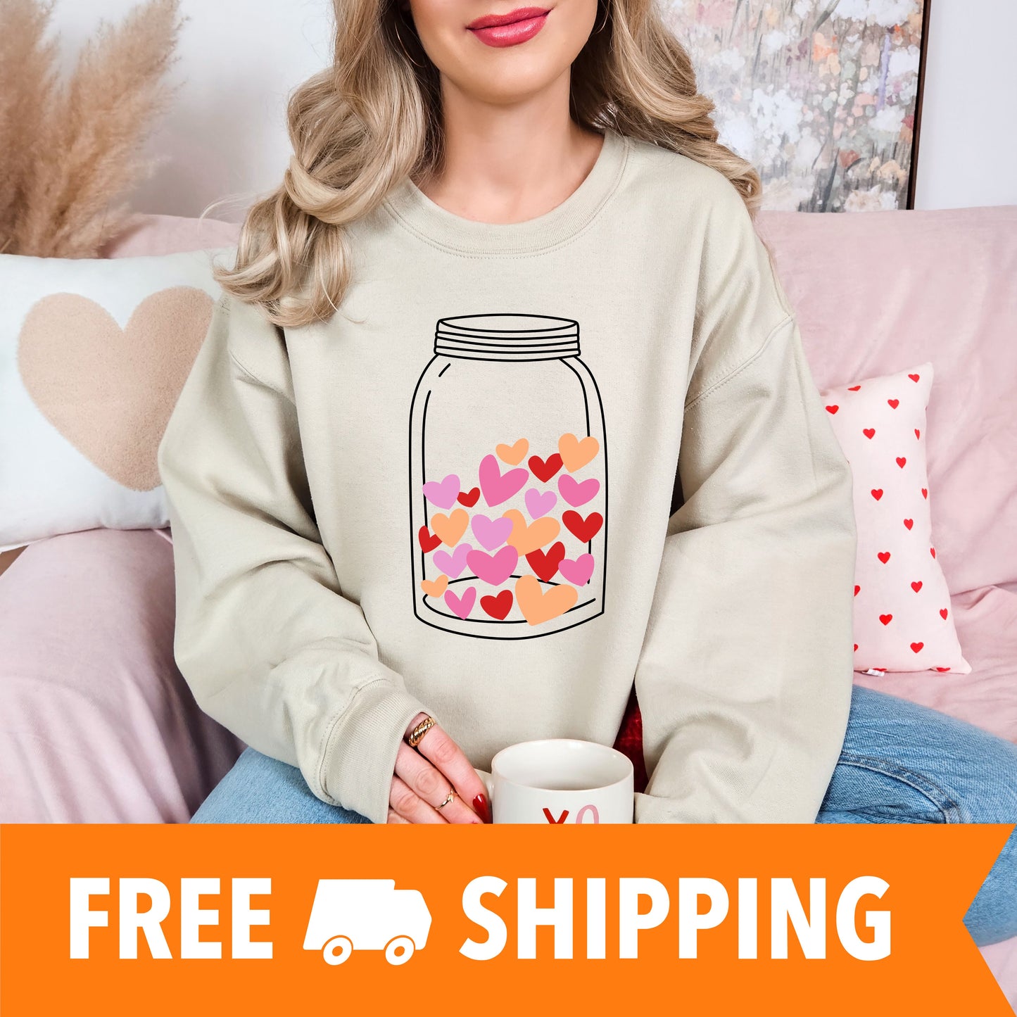 Mason Jar Hearts Valentines Day Sweatshirt, Valentine Shirts for women and girls, Valentines Day Gifts for Mom