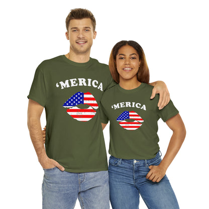 America 'Merica Flag Lips Unisex Heavy Cotton Tee