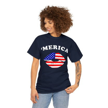 America 'Merica Flag Lips Unisex Heavy Cotton Tee