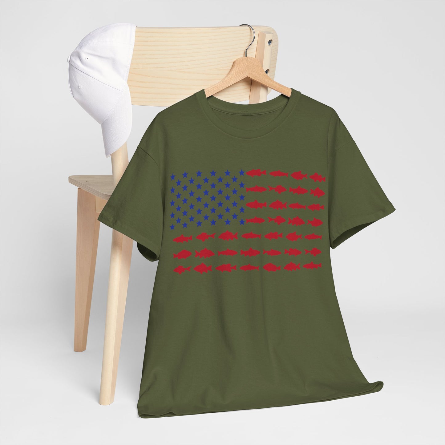 USA Flag with Fish Graphic Unisex Heavy Cotton Tee