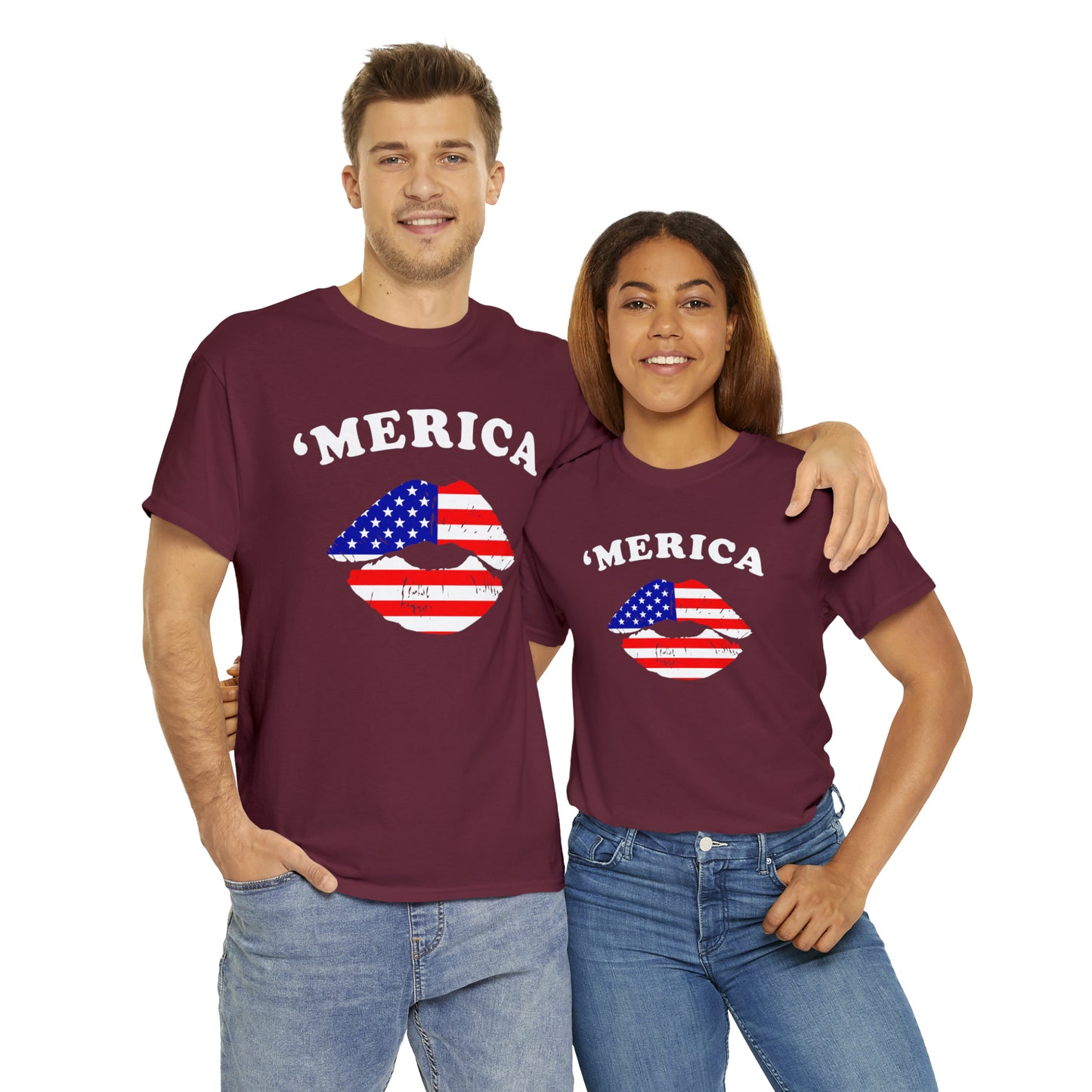 America 'Merica Flag Lips Unisex Heavy Cotton Tee