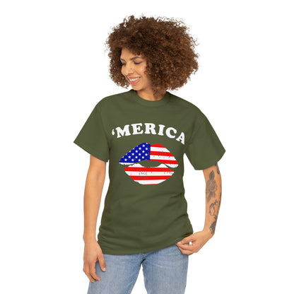 America 'Merica Flag Lips Unisex Heavy Cotton Tee