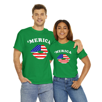 America 'Merica Flag Lips Unisex Heavy Cotton Tee