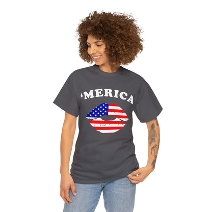America 'Merica Flag Lips Unisex Heavy Cotton Tee