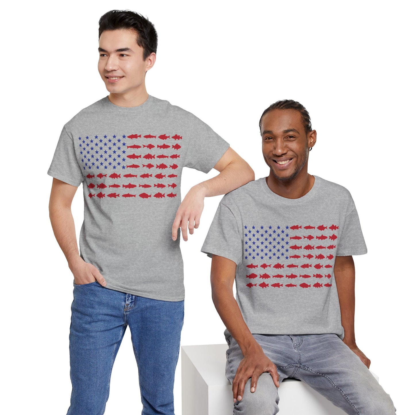 USA Flag with Fish Graphic Unisex Heavy Cotton Tee