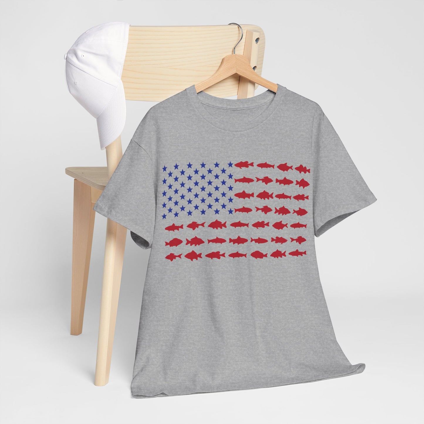 USA Flag with Fish Graphic Unisex Heavy Cotton Tee