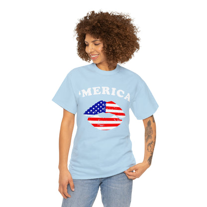 America 'Merica Flag Lips Unisex Heavy Cotton Tee