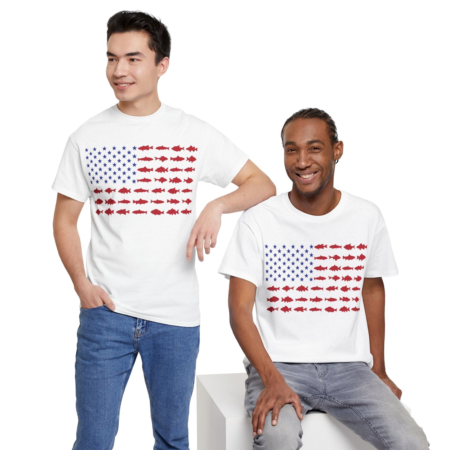 USA Flag with Fish Graphic Unisex Heavy Cotton Tee