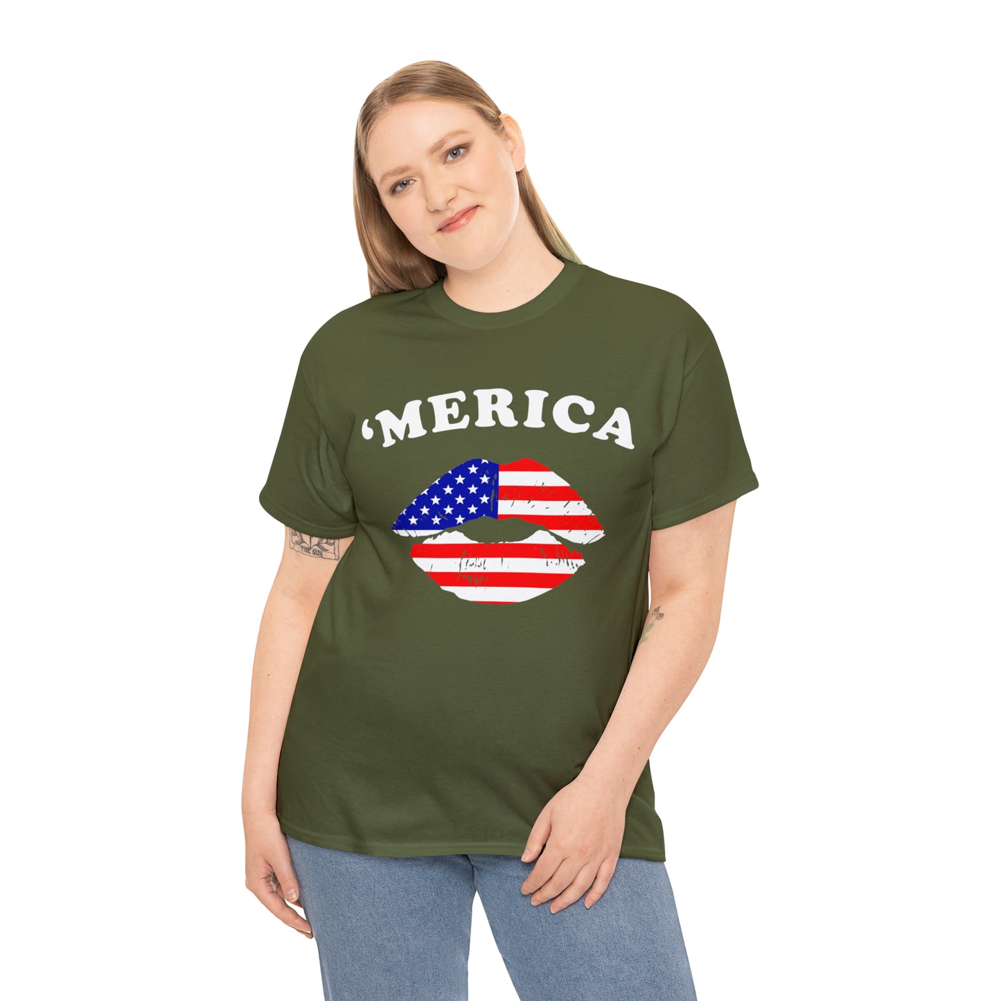 America 'Merica Flag Lips Unisex Heavy Cotton Tee