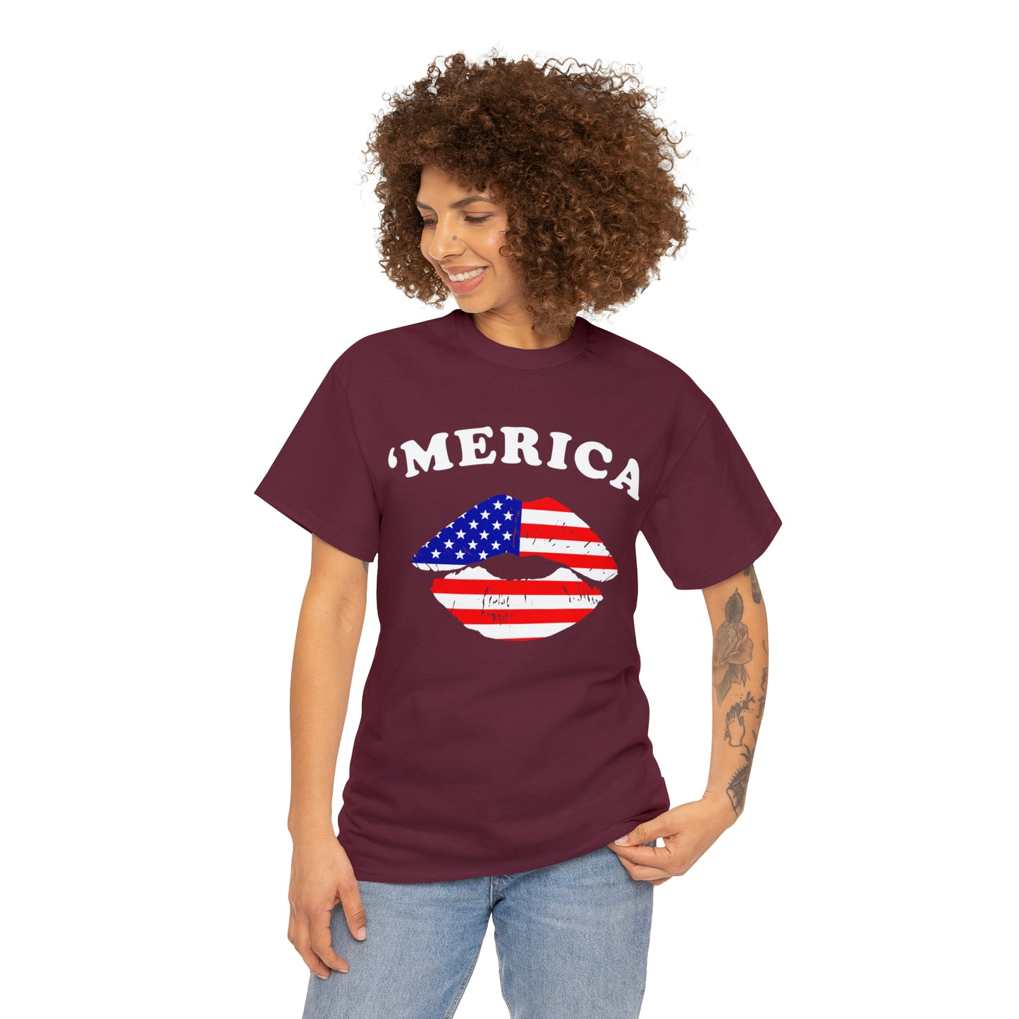 America 'Merica Flag Lips Unisex Heavy Cotton Tee