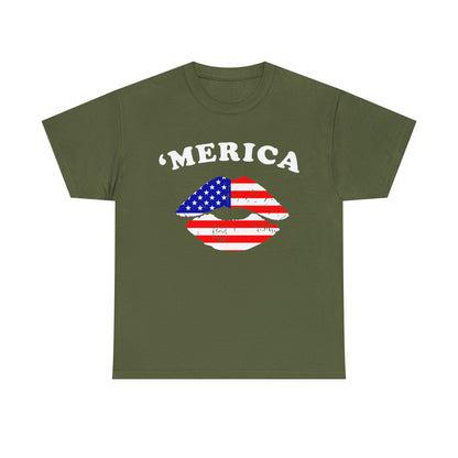 America 'Merica Flag Lips Unisex Heavy Cotton Tee