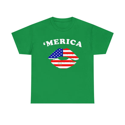 America 'Merica Flag Lips Unisex Heavy Cotton Tee