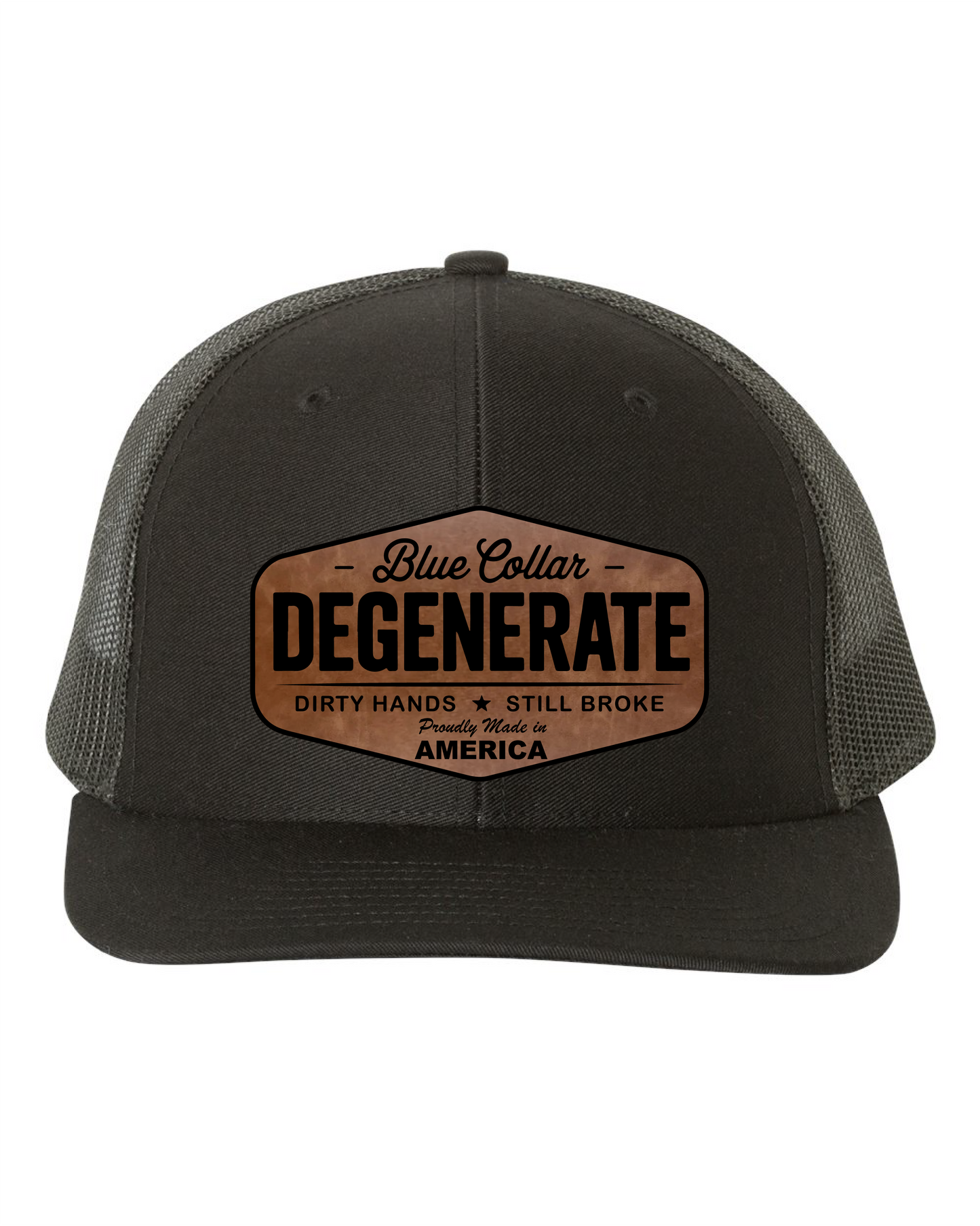 Richardson Blue Collar Degenerate Hat 112 Flat Bill Classic Snapback Closure Laser Engraved Leatherette Patch 60/40 Cotton Polyester