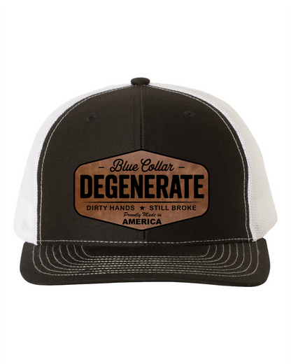 Richardson Blue Collar Degenerate Hat 112 Flat Bill Classic Snapback Closure Laser Engraved Leatherette Patch 60/40 Cotton Polyester