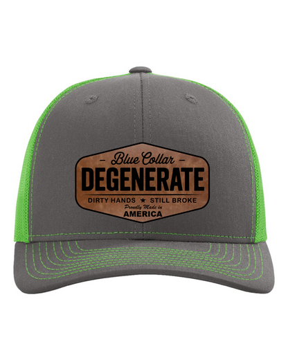 Richardson Blue Collar Degenerate Hat 112 Flat Bill Classic Snapback Closure Laser Engraved Leatherette Patch 60/40 Cotton Polyester