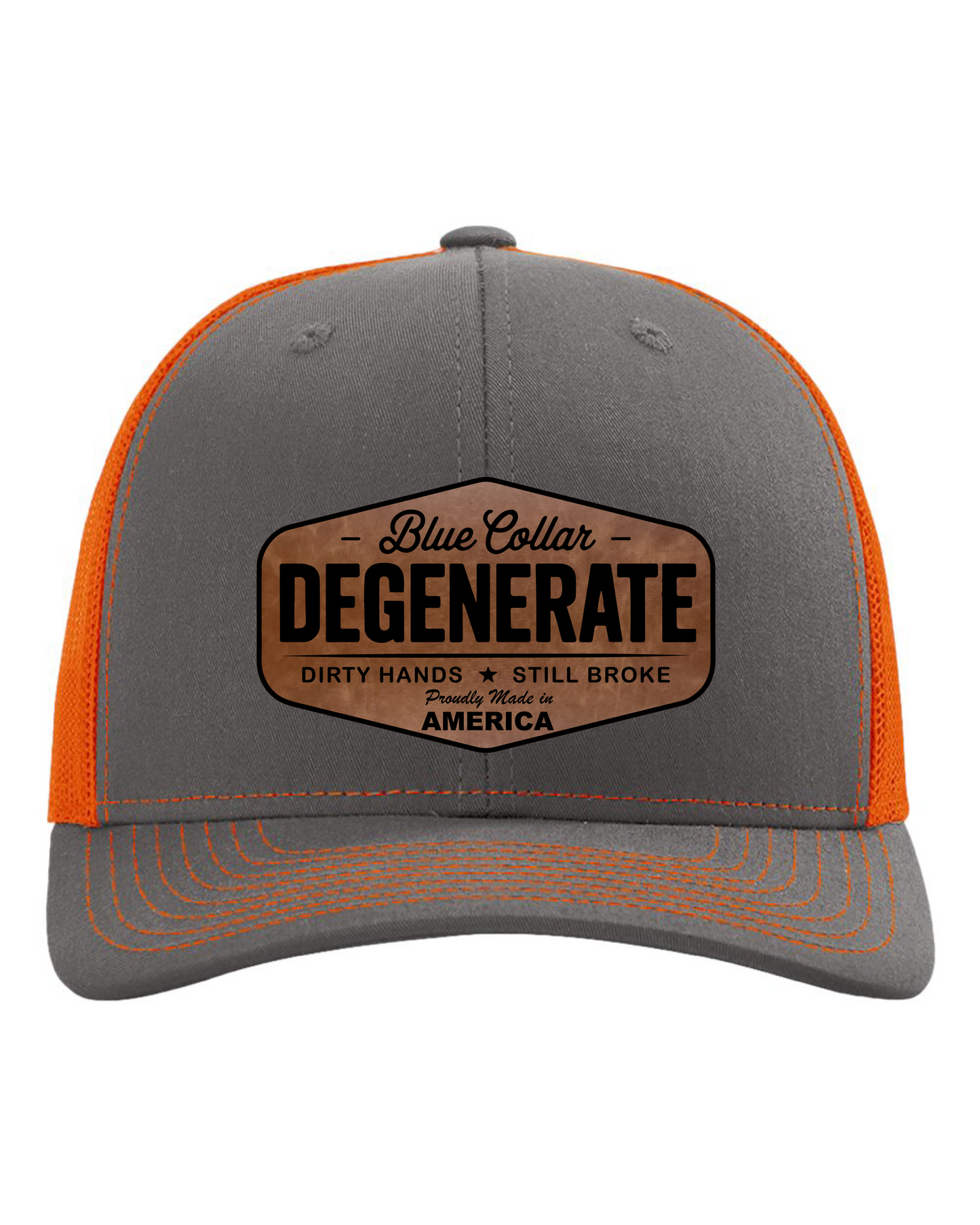 Richardson Blue Collar Degenerate Hat 112 Flat Bill Classic Snapback Closure Laser Engraved Leatherette Patch 60/40 Cotton Polyester