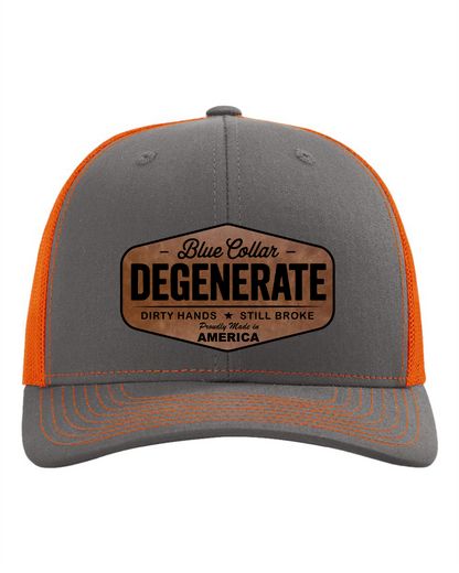 Richardson Blue Collar Degenerate Hat 112 Flat Bill Classic Snapback Closure Laser Engraved Leatherette Patch 60/40 Cotton Polyester