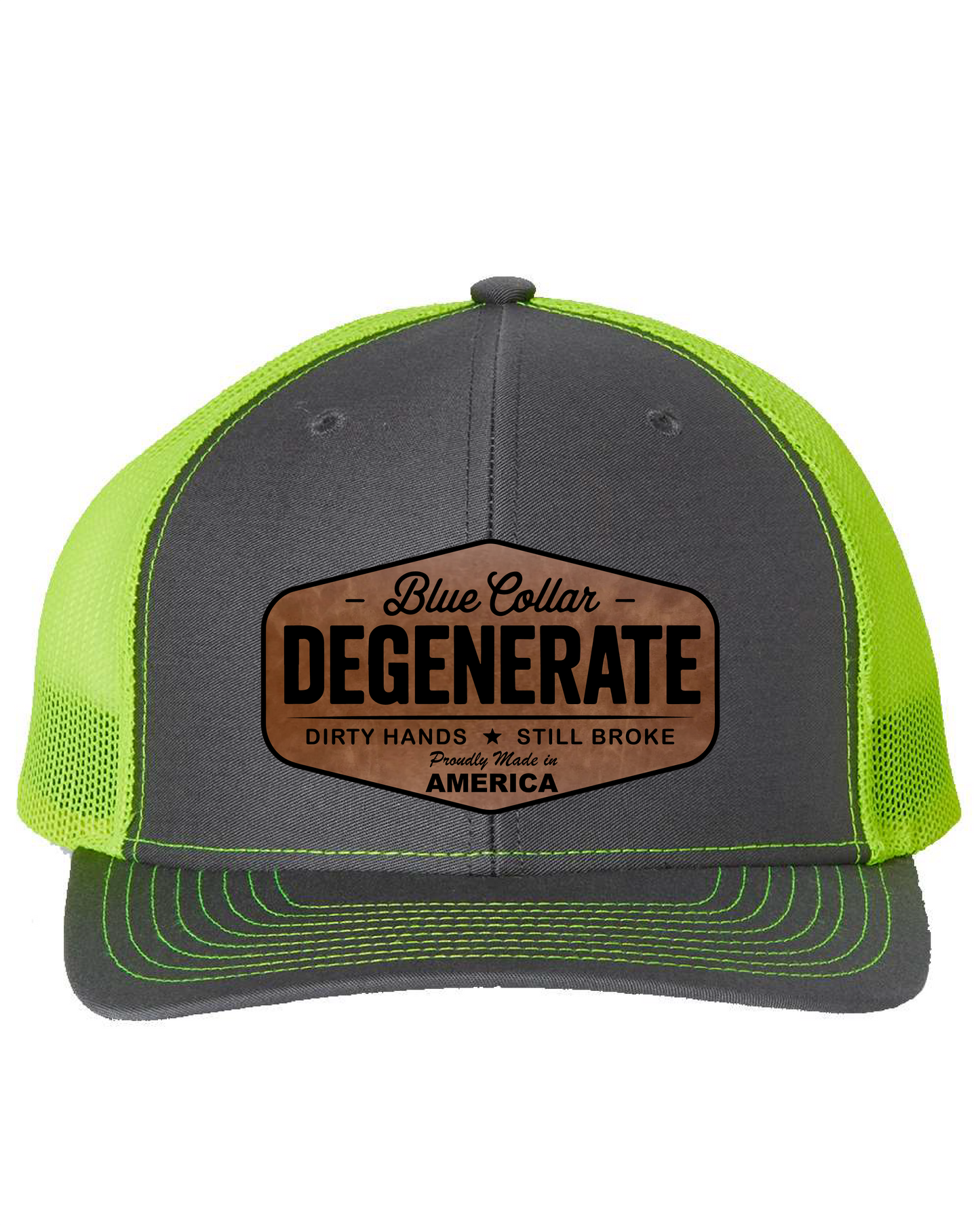 Richardson Blue Collar Degenerate Hat 112 Flat Bill Classic Snapback Closure Laser Engraved Leatherette Patch 60/40 Cotton Polyester