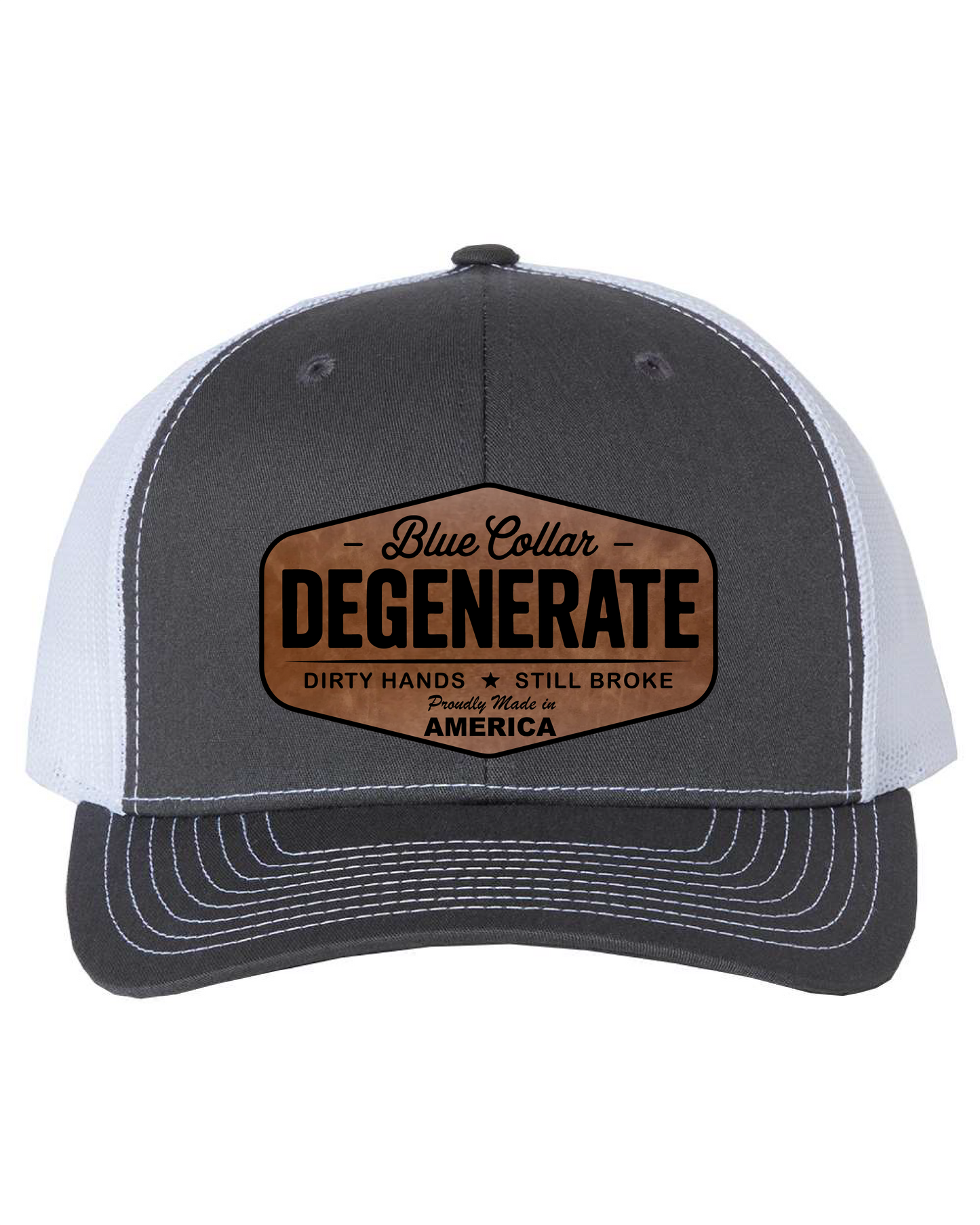Richardson Blue Collar Degenerate Hat 112 Flat Bill Classic Snapback Closure Laser Engraved Leatherette Patch 60/40 Cotton Polyester