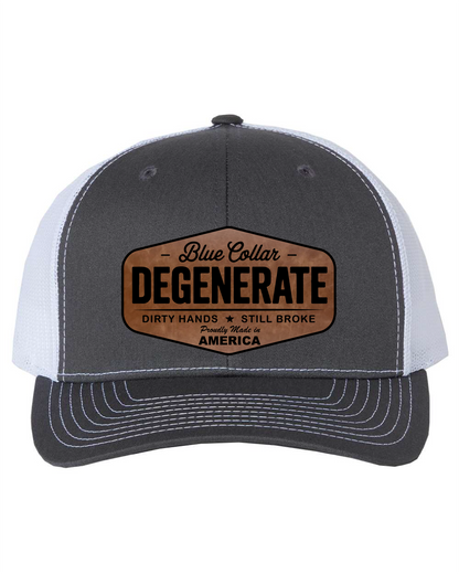Richardson Blue Collar Degenerate Hat 112 Flat Bill Classic Snapback Closure Laser Engraved Leatherette Patch 60/40 Cotton Polyester