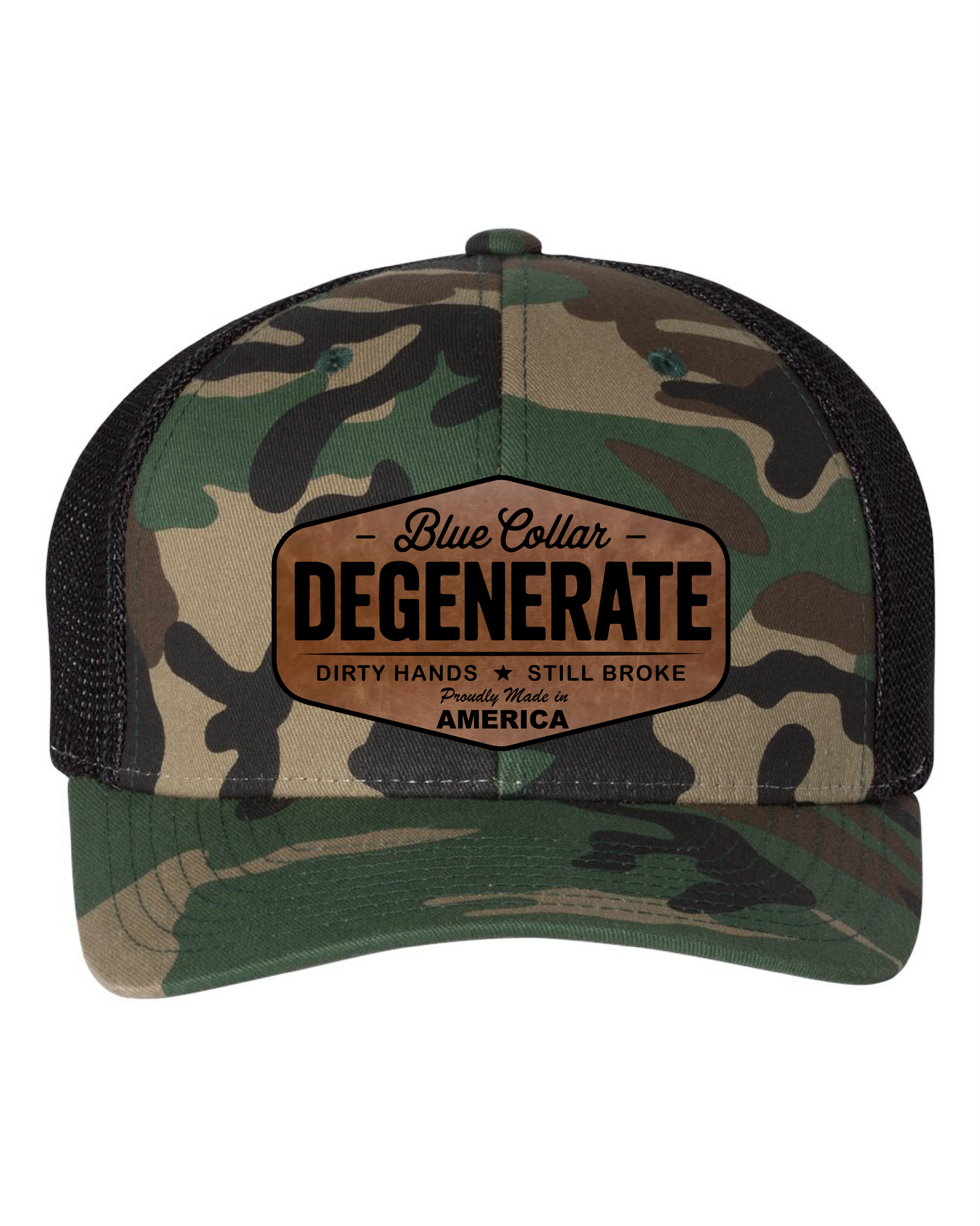 Richardson Blue Collar Degenerate Hat 112 Flat Bill Classic Snapback Closure Laser Engraved Leatherette Patch 60/40 Cotton Polyester