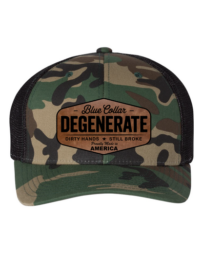 Richardson Blue Collar Degenerate Hat 112 Flat Bill Classic Snapback Closure Laser Engraved Leatherette Patch 60/40 Cotton Polyester