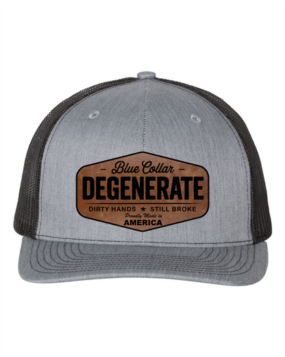 Richardson Blue Collar Degenerate Hat 112 Flat Bill Classic Snapback Closure Laser Engraved Leatherette Patch 60/40 Cotton Polyester