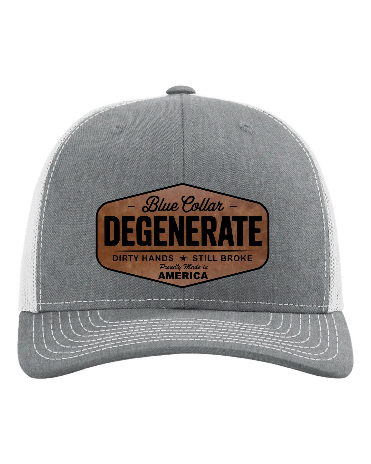 Richardson Blue Collar Degenerate Hat 112 Flat Bill Classic Snapback Closure Laser Engraved Leatherette Patch 60/40 Cotton Polyester