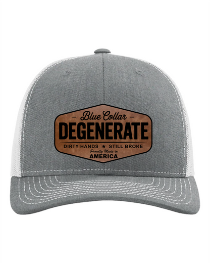 Richardson Blue Collar Degenerate Hat 112 Flat Bill Classic Snapback Closure Laser Engraved Leatherette Patch 60/40 Cotton Polyester