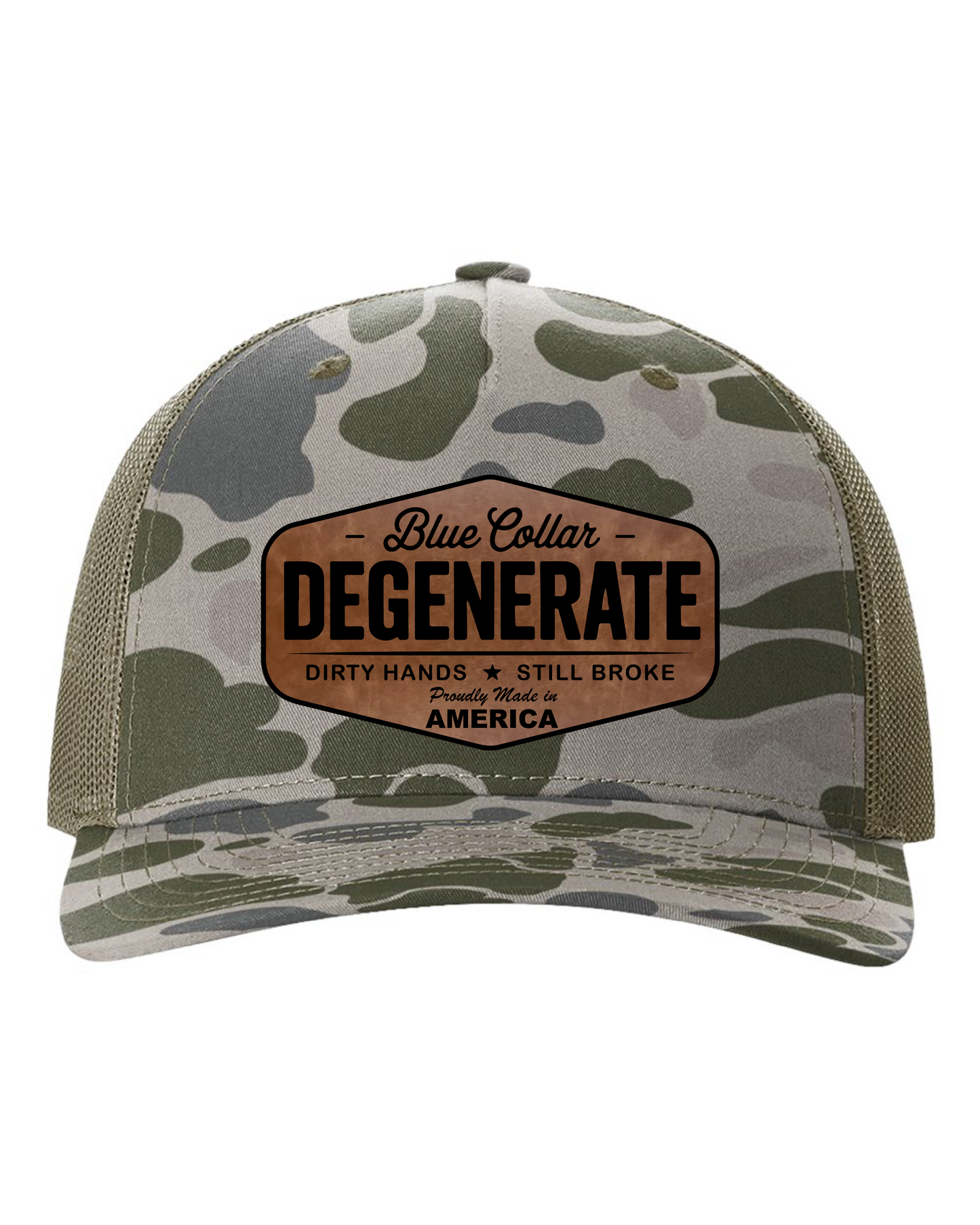 Richardson Blue Collar Degenerate Hat 112 Flat Bill Classic Snapback Closure Laser Engraved Leatherette Patch 60/40 Cotton Polyester