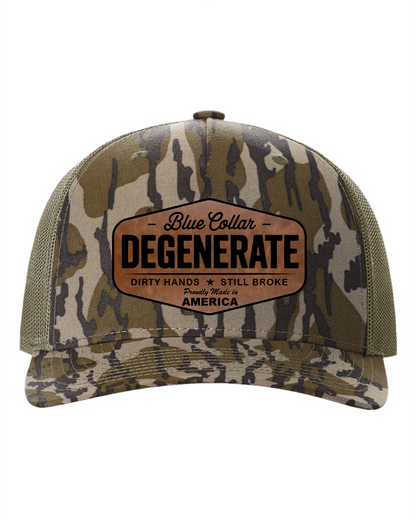 Richardson Blue Collar Degenerate Hat 112 Flat Bill Classic Snapback Closure Laser Engraved Leatherette Patch 60/40 Cotton Polyester